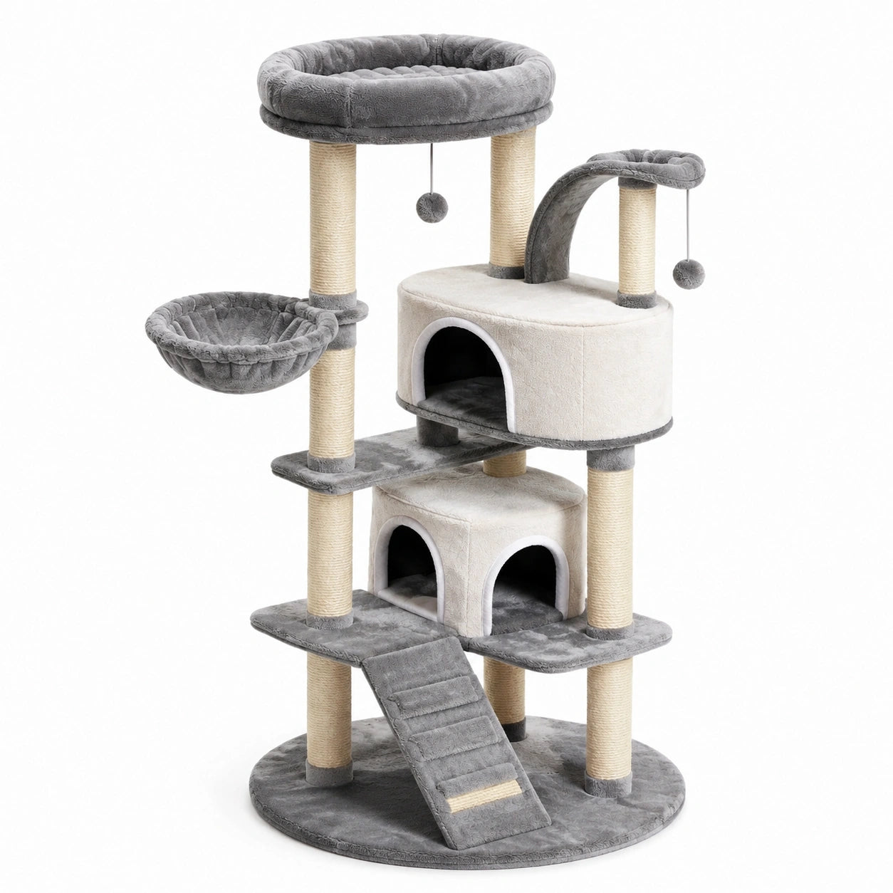 Arbre à chat en peluche gris et beige avec niveaux multiples