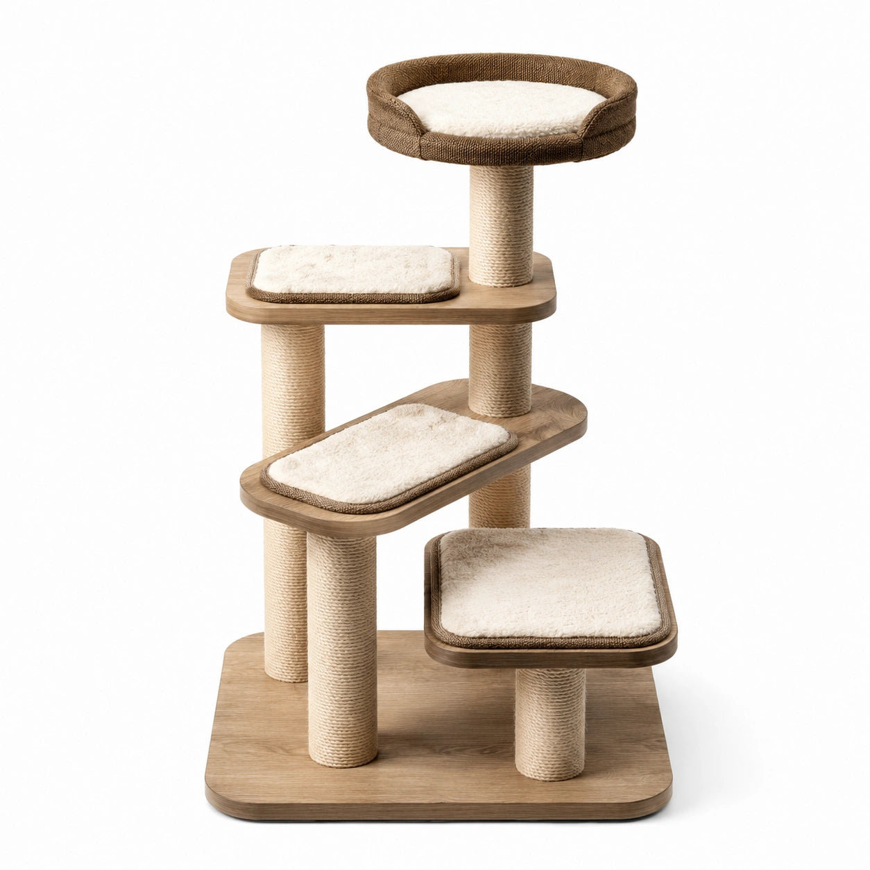 Arbre à chat en bois et sisal avec plateformes en tissu marron et beige 80 cm