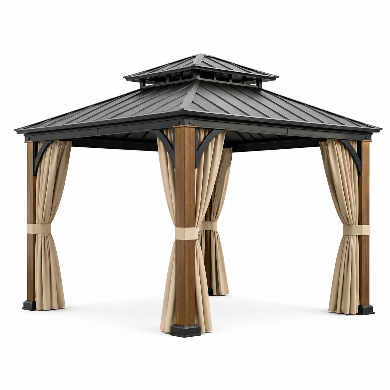 Pavillon de jardin en métal et bois avec toit en acier et rideaux en polyester 300x300cm