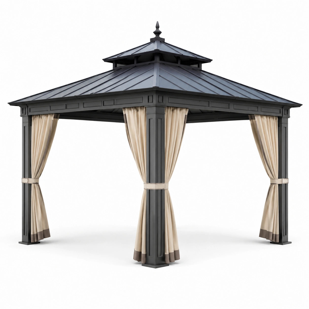 Pavillon de jardin en aluminium et acier avec rideaux beige