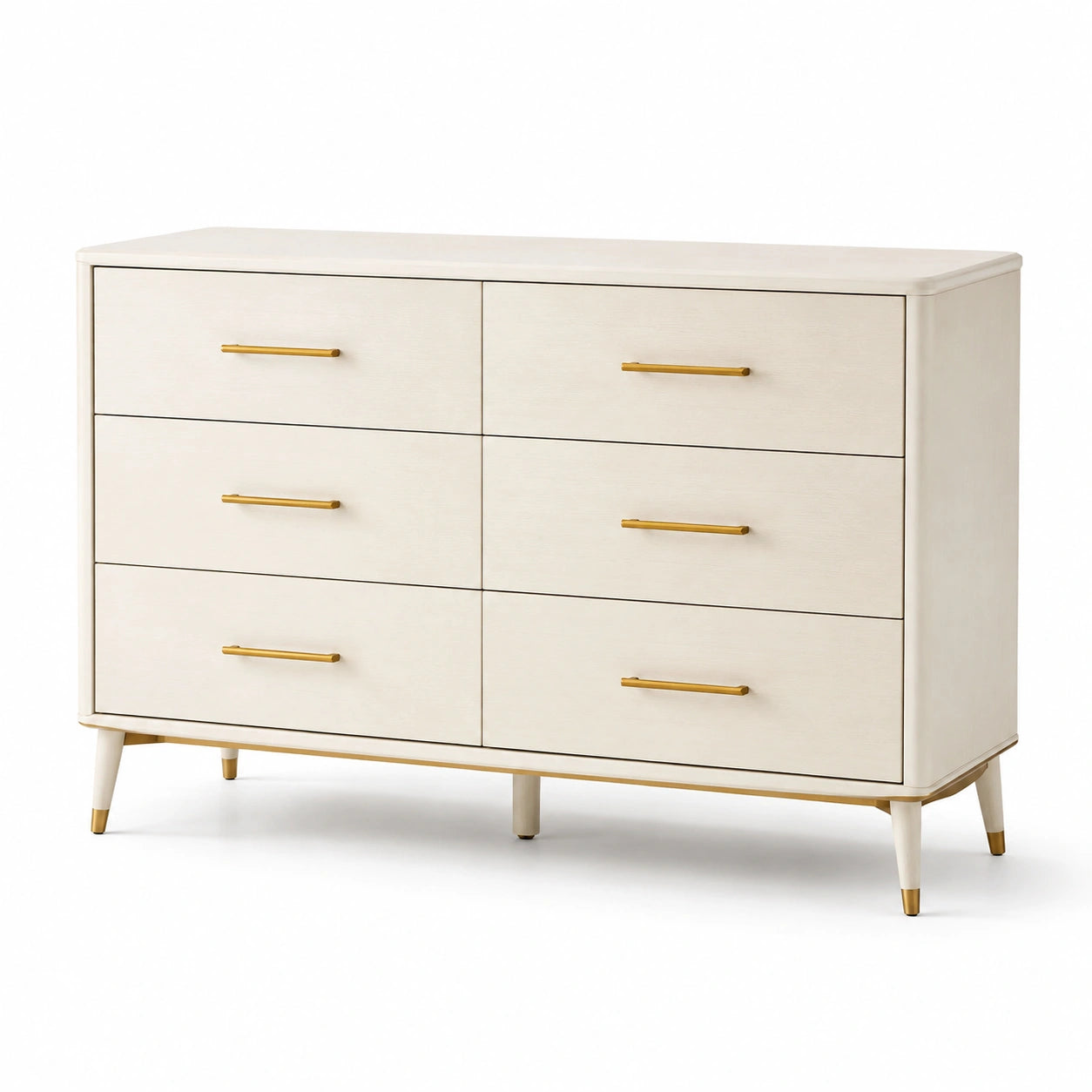 Commode 6 tiroirs bois poignées laiton blanc